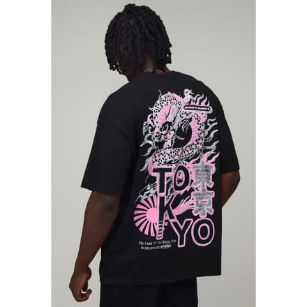 Lang Zwart Oversized T-shirt Met Dragon Puff Print | Black | Size Large