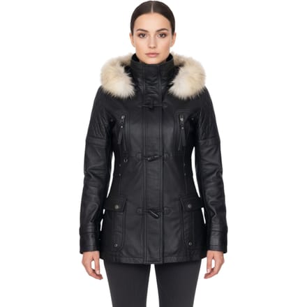 Dames zwarte lamsleren gewatteerde parka met bontkraag - Duchess