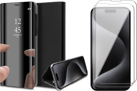 Hoesje geschikt voor iPhone 15 Pro Max - 2x Screen Protector GlassGuard - Book Case Spiegel Zwart & Screenprotector