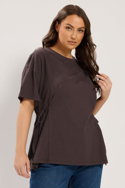 Yours Chocoladebruin Tshirt Met Strik Aan De Zijkant Size 50-52