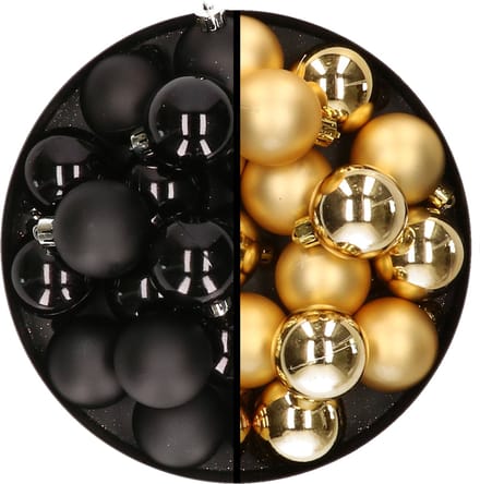 Decoris Kleine kerstballen - 32x st - goud en zwart - D4 cm - plastic - kerstversiering