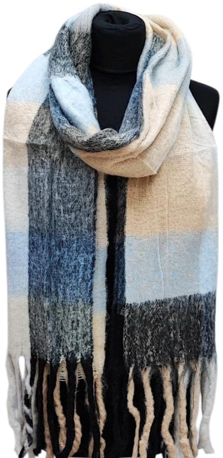 Wintersjaal Warme Shawl Viscose Wol - Geblokt - (2410) - Beige/Blauw