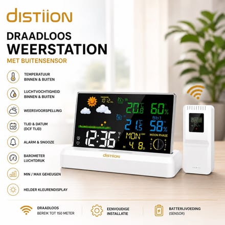 Distiion Weerstation met Buitensensor - Draadloos Binnen & Buiten - Temperatuurmeter - Hygrometer - Weersverwachting - LCD Display - Klok