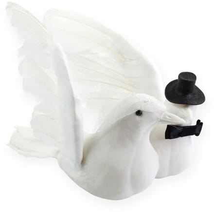 Bruiloftsdecoratie vogel bruid en bruidegom, wit gevlokt met glitter e