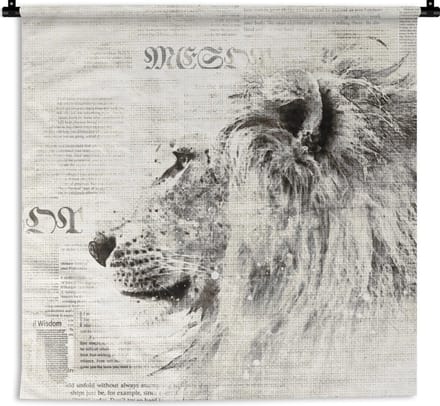 Wandkleed - Leeuw - Krant - Zwart - Wit - 120x120 cm - Wandtapijt