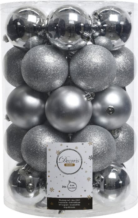 Decoris Kerstballen - 34x st - zilver - D8 cm - kunststof - kerstversiering