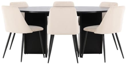 Strada eethoek uittrekbare tafel Ø120cm, 170cm en 6 stoelen zwart, beige.