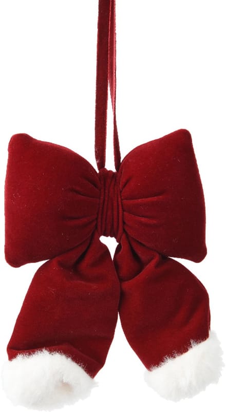 Decoris - Kerstdecoratie Strik Fluweel met Pompons - bloedrood/Wit - 26cm - Hangdecoratie