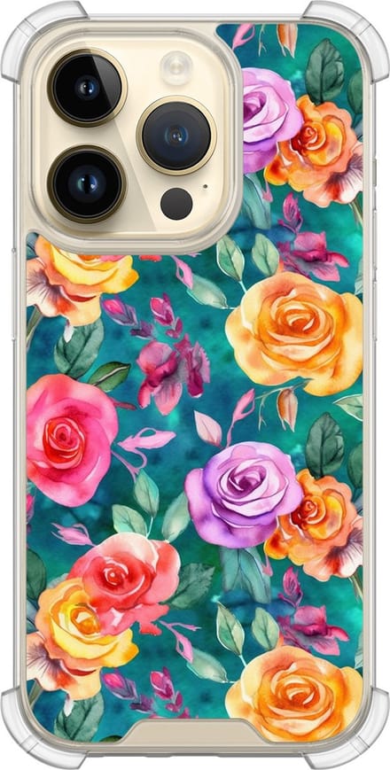 Shockproof hoesje - Geschikt voor iPhone 14 Pro - Rozen - Extra sterke case - TPU/polycarbonaat - Bloemen - Multi, Transparant