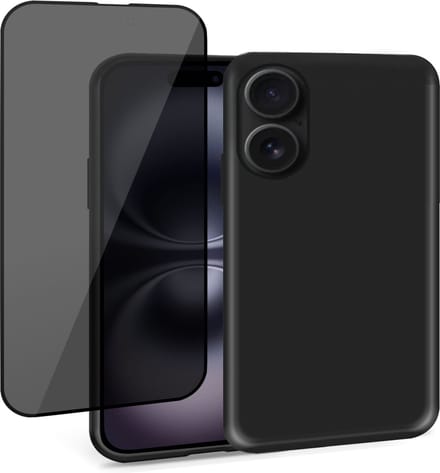 Geschikt voor Apple iPhone 16 Plus - Hoesje + Privacy Screenprotector – Privé Gehard Glas Cover - Suède Case Zwart