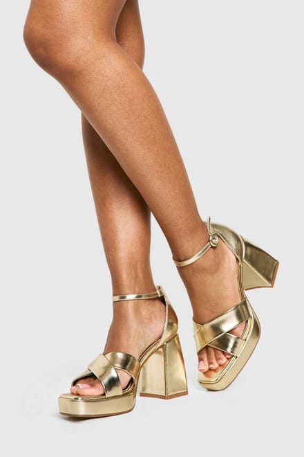boohoo Dames Wide Fit Metallic Platform Heels | Gold | Maat: 3