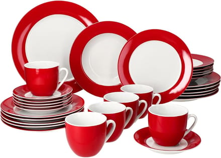 TIM® Serviesset 30 Delig - 6 Persoons - Compleet Servies - Wit/Rood - 21cm x 21cm x 8cm