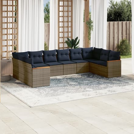 vidaXL - 10-delige - tuinbankset - met - kussens, - grijs - polyrotan