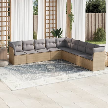 vidaXL - 9-delige - Loungeset - met - kussens - poly - rattan - beige
