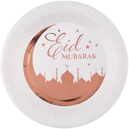 Ramadan feest bordjes - 10x - karton - 22 cm - wit/rose goud - rond - Eid Mubarak