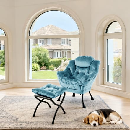 MODFU Fauteuil Met Hocker - Armleuningen En Zijvak - Hedendaags - Woonkamer - Polyester En Metaal - Blauw