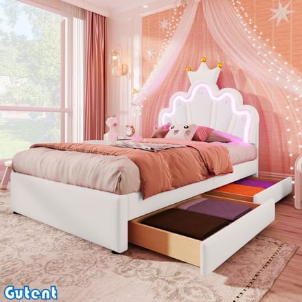 Gutent Princess Bed-90 x 200 cm-Zonder matras-Remote sfeerverlichting-2 laden-Verstelbaar hoofdeinde-PU-Wit