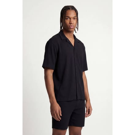 Korte Mouw Geribbeld Reverskraag Oversized Shirt | Black | Size Medium