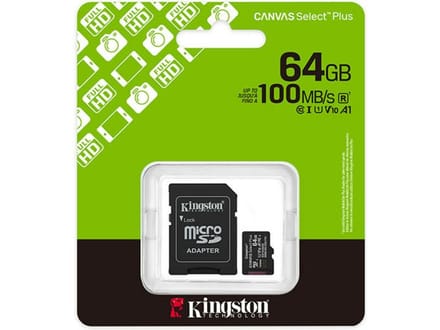 Kingston Technology 64GB microSDXC Canvas Select Plus Gen3 100MB/s A1 kaart + adapter