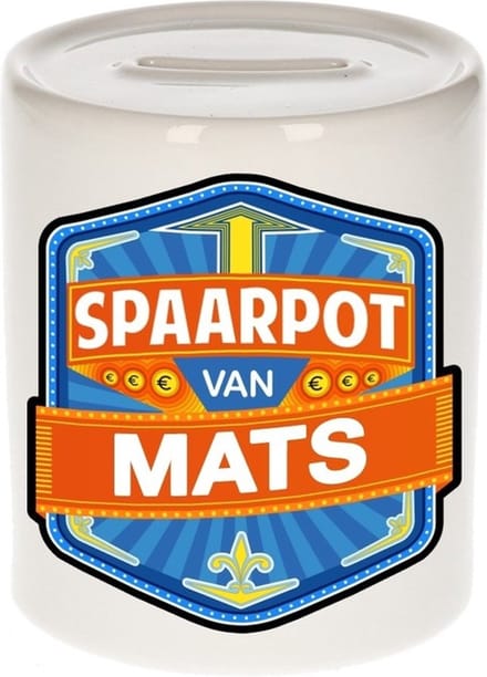 Bellatio Decorations Kinder spaarpot met naam - Mats - keramiek - met dop - wit - Sparen - Spaargeld van Mats