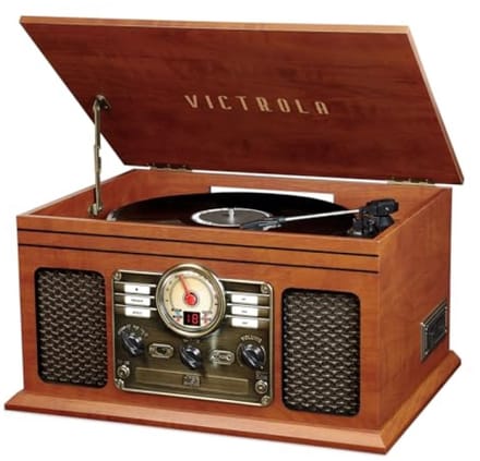 6-in-1 Vinyl Draaitafel met Bluetooth, CD, Cassette, AM/FM Radio, Mahonie