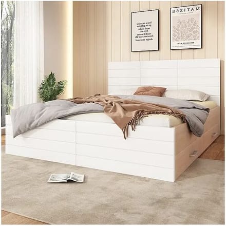 KOMHTOM Houten tweepersoonsbed 180 x 200 cm met 2 laden, set eik + wit