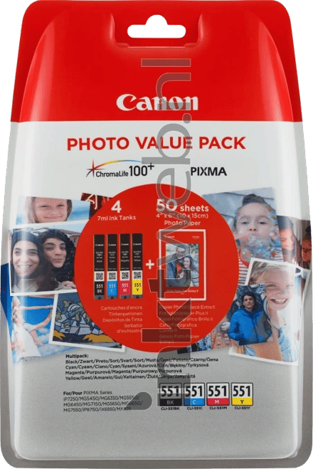Canon CLI-551 Multipack met fotopapier zwart en kleur (Origineel)