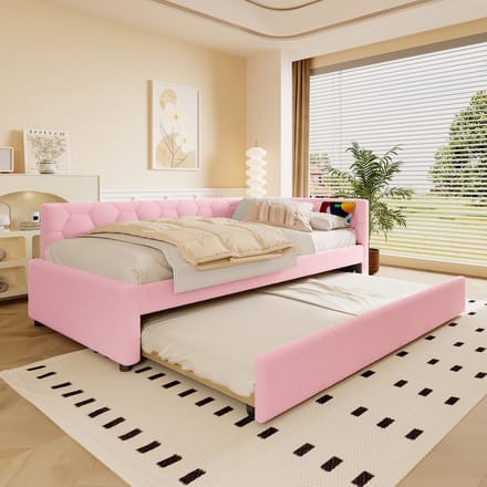 Slaapbank 90x200 cm - Met Lattenbodem En Uitschuifbed - Usb En Type C - Stof - Roze