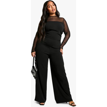 boohoo Dames Plus Mesh Gerafelde Jumpsuit met Wijde Pijpen | Black | Maat: 24