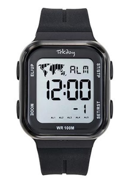 Tekday-Digitaal-Alarm-Timer-Chrono-EL-Datum-10ATM-Zwarte silicone band-46MM
