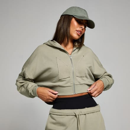 MP geropte hoodie met rits en opgestikt motief - Donkersaliegroen - L