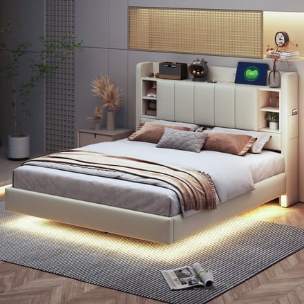 REDOM Bedframe 140x200 cm – Linnenstof – Opberghoofdbord – LED & USB – Beige – 250 kg