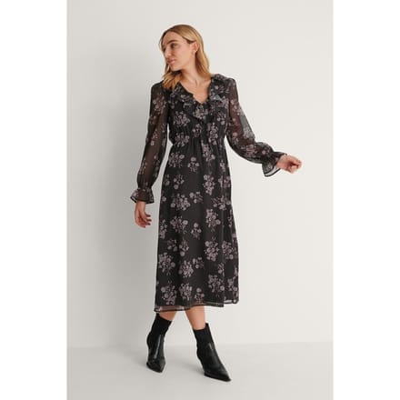 NA-KD Frill V-Neck Midi Dames Jurk - Maat 42