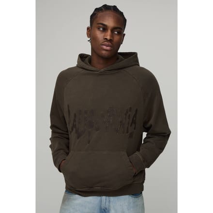 Oversized Gewassen Geborduurd Loopback Hoodie | Khaki | Size Medium