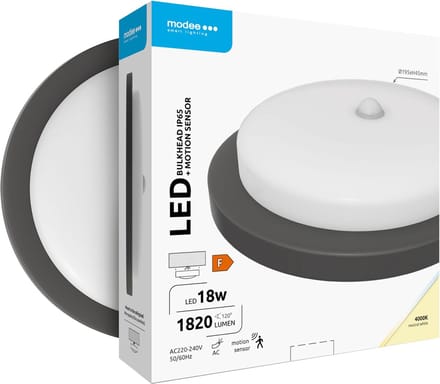 Modee LED Bulkhead Wandlamp 18W met Beweginssensor PIR - IP65 - 19.5cm - Neutraal Wit - Rond - Zwart