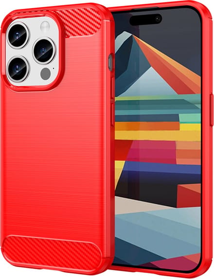 MobyDefend Hoesje - Geschikt voor iPhone 15 Pro - TPU Backcover - Geborstelde Metaal & Carbon-Look - Rood