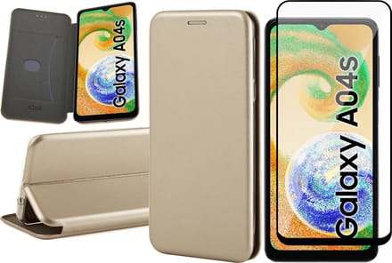 Hoesje geschikt voor Samsung Galaxy A04s / A13 5G - Screen Protector FullGuard - Book Case Kunstleer ThinShield Goud & Screenprotector