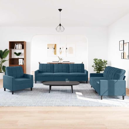 vidaXL - 3-delige - Loungeset - met - kussens - fluweel - blauw
