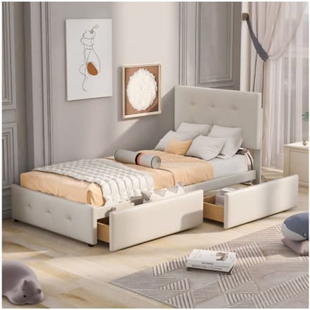 Lit - MUVOE - 90 x 200 cm - Rembourré - Tiroirs de rangement - Tissu velours doux