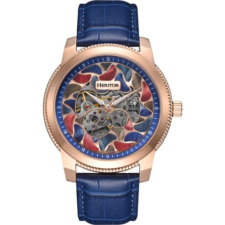 Heritor Automatic Emmanuel Semi-Skelet leren band horloge - Roségoud/Blauw