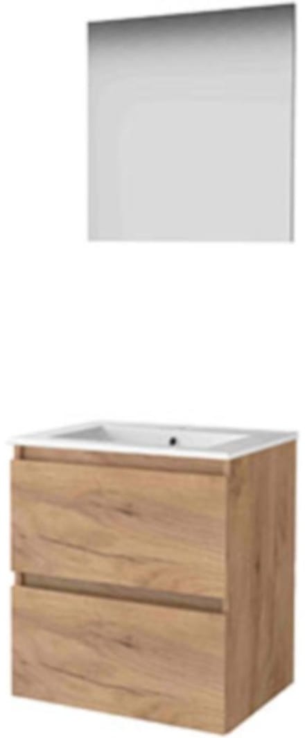 Basic-Line Basic 46 Badkamermeubelset - 60 x 46 cm - Greeploos - 2 Lades - Keramische Wastafel - 1 Kraangat - Spiegel - Whisky Oak