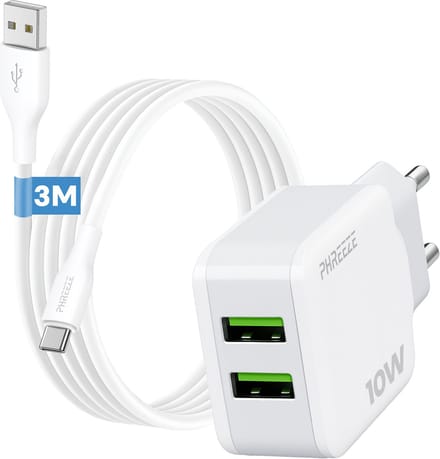 Phreeze usb adapter 10 W - Usb C naar usb kabel 3 meter - Dubbele usb poort oplader voor telefoon en tablet