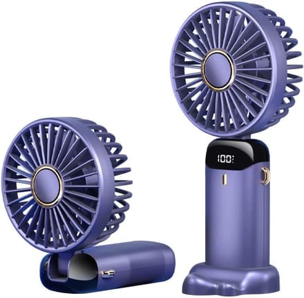 Compacte paarse oplaadbare handventilator met digitaal LED-display, 5 instelbare windsnelheden, flexibel verstelbaar, fluisterstille koeling, bruikbaar als bureauventilator, handventilator en draagventilator