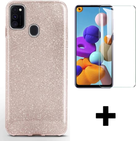 HB Hoesje Geschikt voor Samsung Galaxy A20S - Roze - Glitter Back Cover + Tempered Glazen Screenprotector