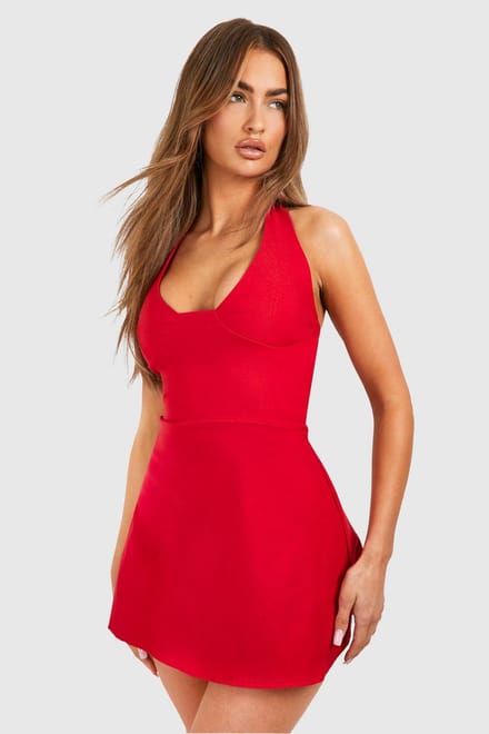 boohoo Dames Bengaline Plunge A-lijn Mini Jurk | Rood | Maat: 38