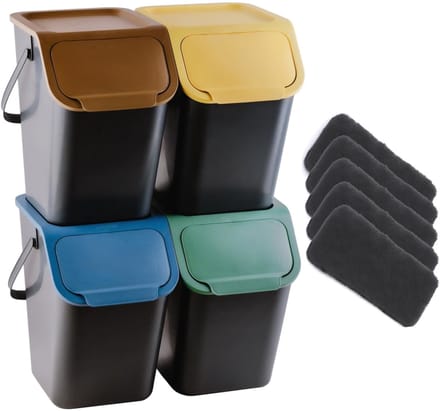 Practic - Set van 4 prullenbak 25L - BINI-afvalscheidingsbakken met gekleurde deksels + 5 stuks koolstoffilters