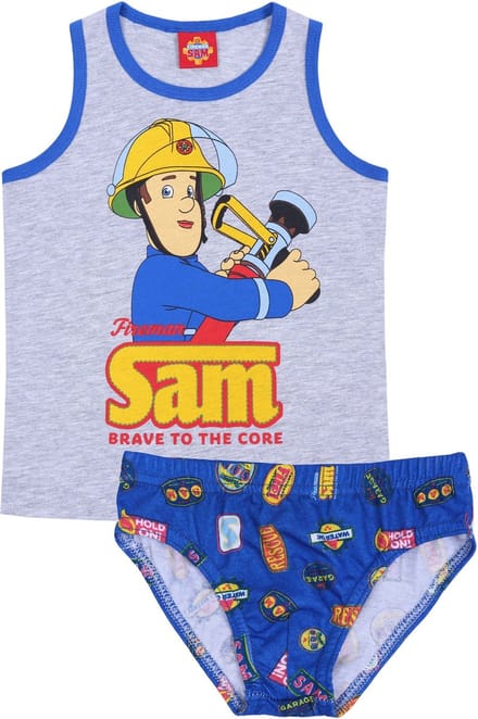 Grijs modra jongens t-shirt + broek set van Brandweerman Sam met brandslang