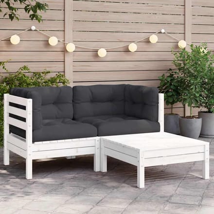 vidaXL - 3-delige - Loungeset - met - kussens - massief - grenenhout - wit