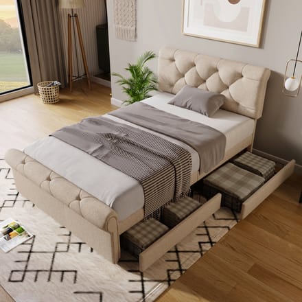 Sweiko Gestoffeerd Bed - 90x200cm - 2 laden - Eenpersoonsbed - In hoogte verstelbaar hoofdeinde - Beige