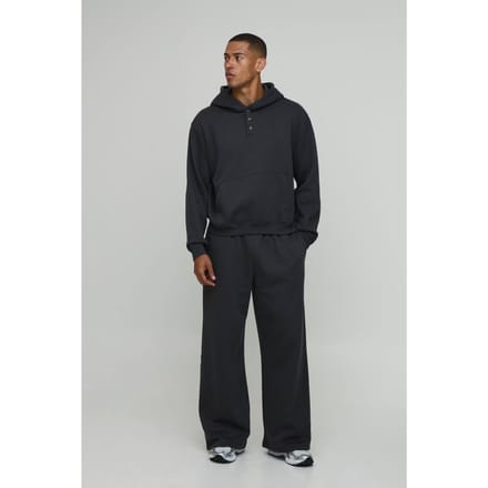 Oversized Boxy Henley Hoodie En Wijde Pijpen Joggingbroek | Charcoal | Size Medium